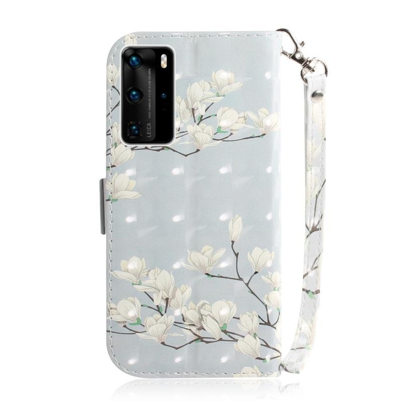 Könnyű PU bőr pénztárca tok mobiltelefonhoz Huawei P40 Pro - virágzó fehér virágok