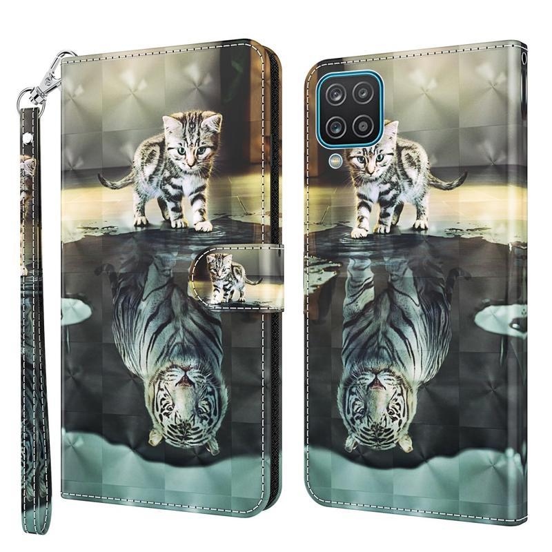 Nyomtatás PU bőr pénztárca tok Samsung Galaxy A12/M12 - macska és tigris tükörkép