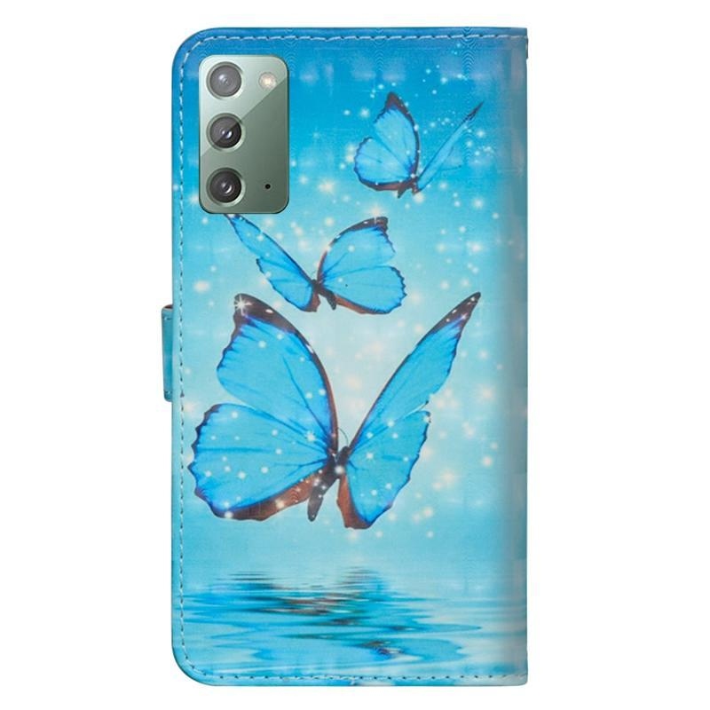 Nyomtatott PU bőr pénztárca tok Samsung Galaxy Note 20/Note 20 5G - kék pillangókhoz