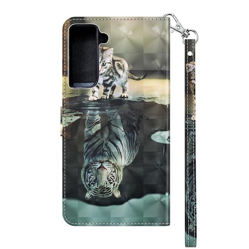 Nyomtatás PU bőr pénztárca tok Samsung Galaxy S21 - macska és tigris tükörkép