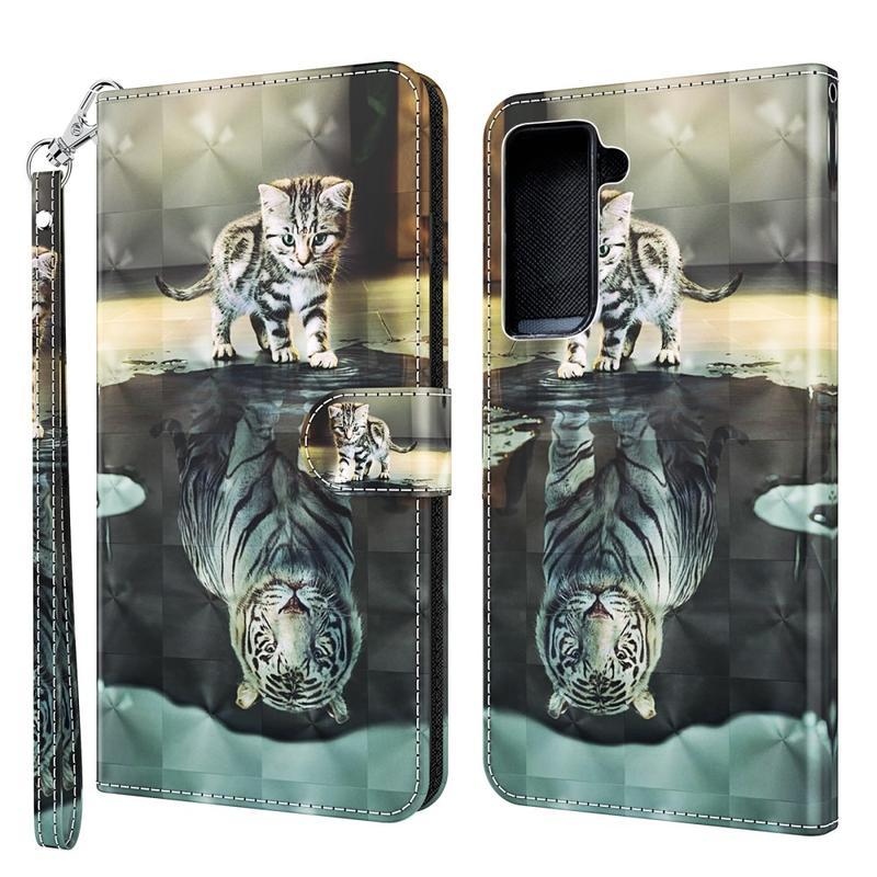 Nyomtatás PU bőr pénztárca tok Samsung Galaxy S21 - macska és tigris tükörkép