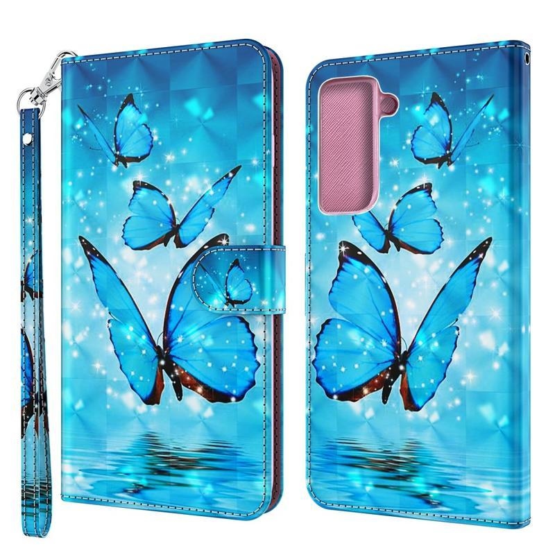Nyomtatás PU bőr pénztárca tok Samsung Galaxy S21 - kék pillangók