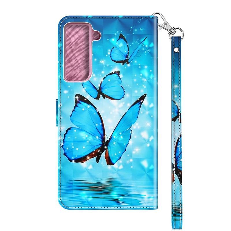 Nyomtatás PU bőr pénztárca tok Samsung Galaxy S21 - kék pillangók