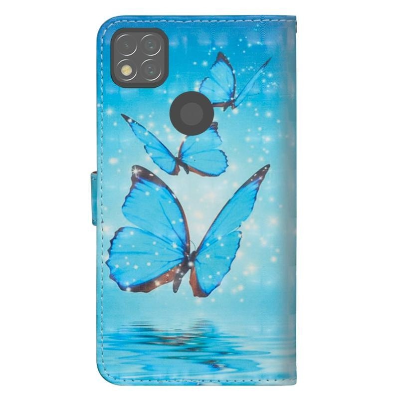 Nyomtatott PU bőr pénztárca tok Xiaomi Redmi 9C - kék pillangókhoz