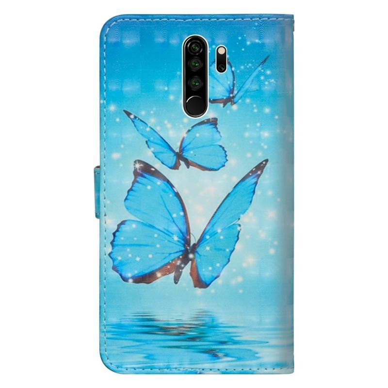 Nyomtatott PU bőr pénztárca tok Xiaomi Redmi Note 8 Pro - kék pillangókhoz