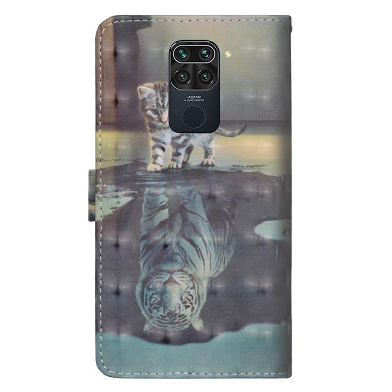 Nyomtatás PU bőr pénztárca tok Xiaomi Redmi Note 9 - macska és tigris tükörkép