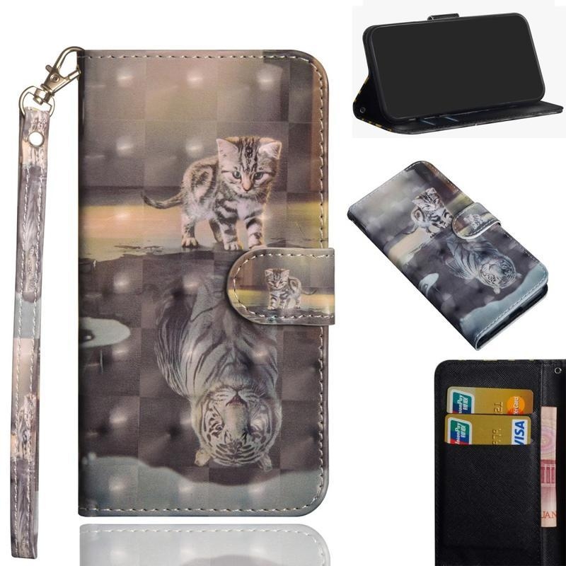 Nyomtatás PU bőr pénztárca tok Xiaomi Redmi Note 9 Pro/Note 9S - macska és tigris tükörkép