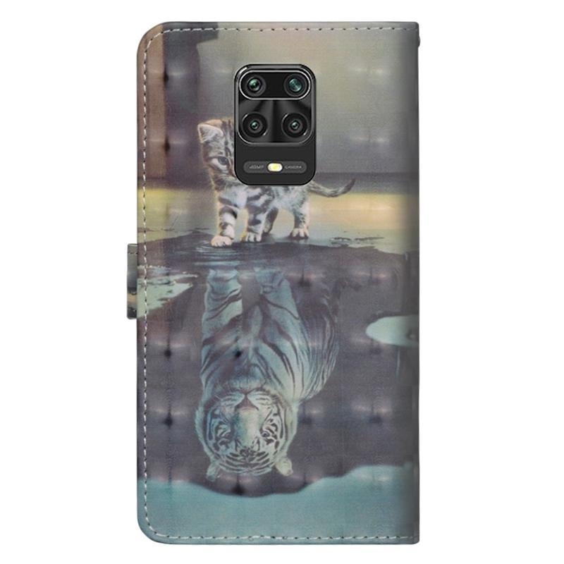 Nyomtatás PU bőr pénztárca tok Xiaomi Redmi Note 9 Pro/Note 9S - macska és tigris tükörkép