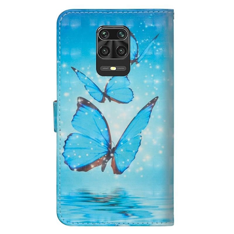 Nyomtatott PU bőr pénztárca tok Xiaomi Redmi Note 9 Pro/Note 9S - kék pillangókhoz