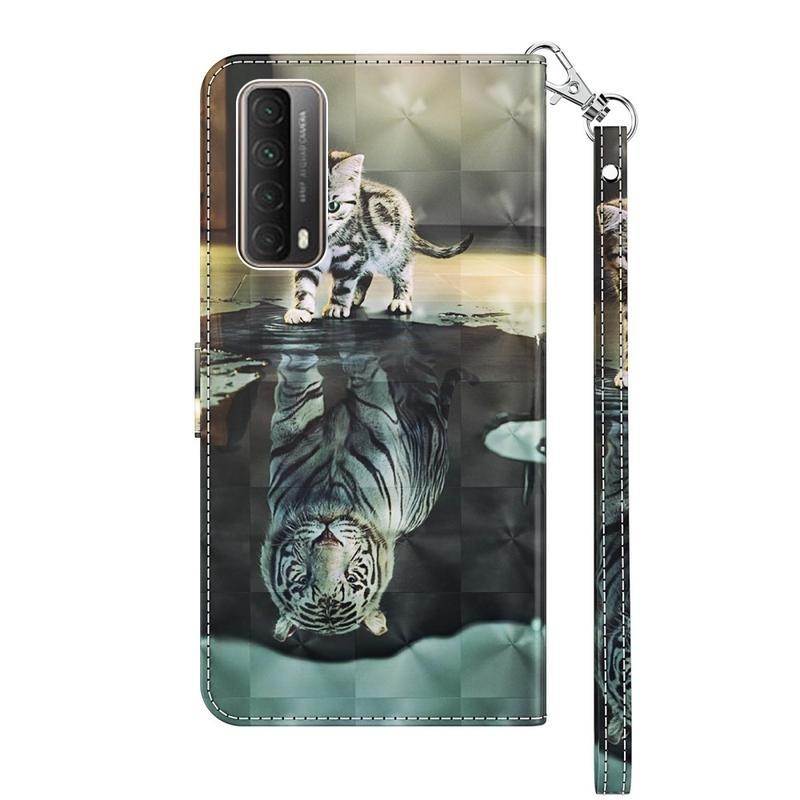 Nyomtatás PU bőr pénztárca tok Huawei P Smart (2021) - macska és tigris tükörkép