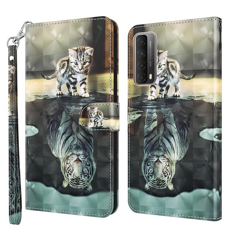 Nyomtatás PU bőr pénztárca tok Huawei P Smart (2021) - macska és tigris tükörkép