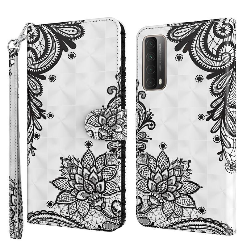 Nyomtatás PU bőr pénztárca tok Huawei P Smart (2021) - csipkés virág