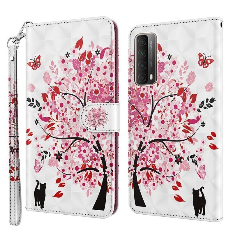 Nyomtatás PU bőr pénztárca tok Huawei P Smart (2021) - virágzó fa