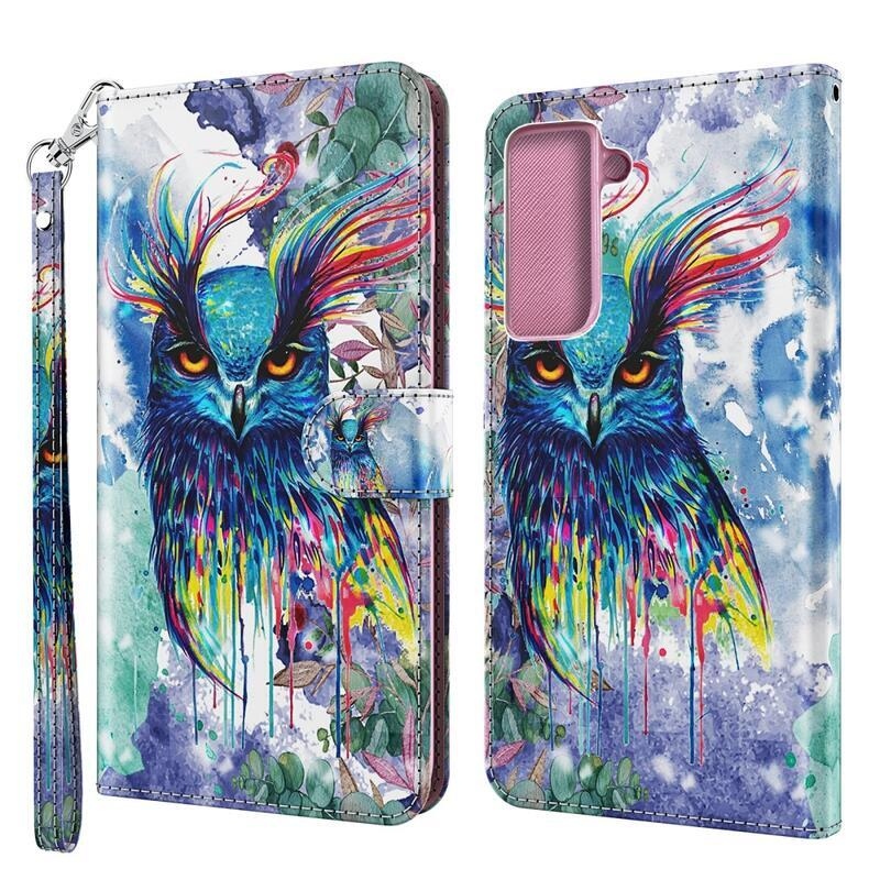 Nyomtatás PU bőr pénztárca tok Samsung Galaxy S21 Plus - színes bagoly