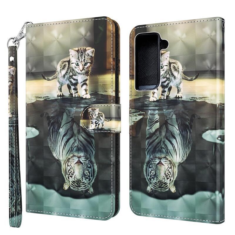 Nyomtatás PU bőr pénztárca tok Samsung Galaxy S21 Plus - macska és tigris tükörkép