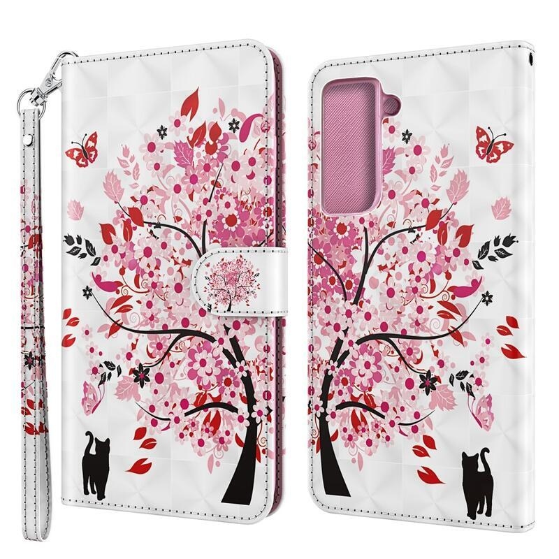Nyomtatás PU bőr pénztárca tok Samsung Galaxy S21 Plus - virágzó fa