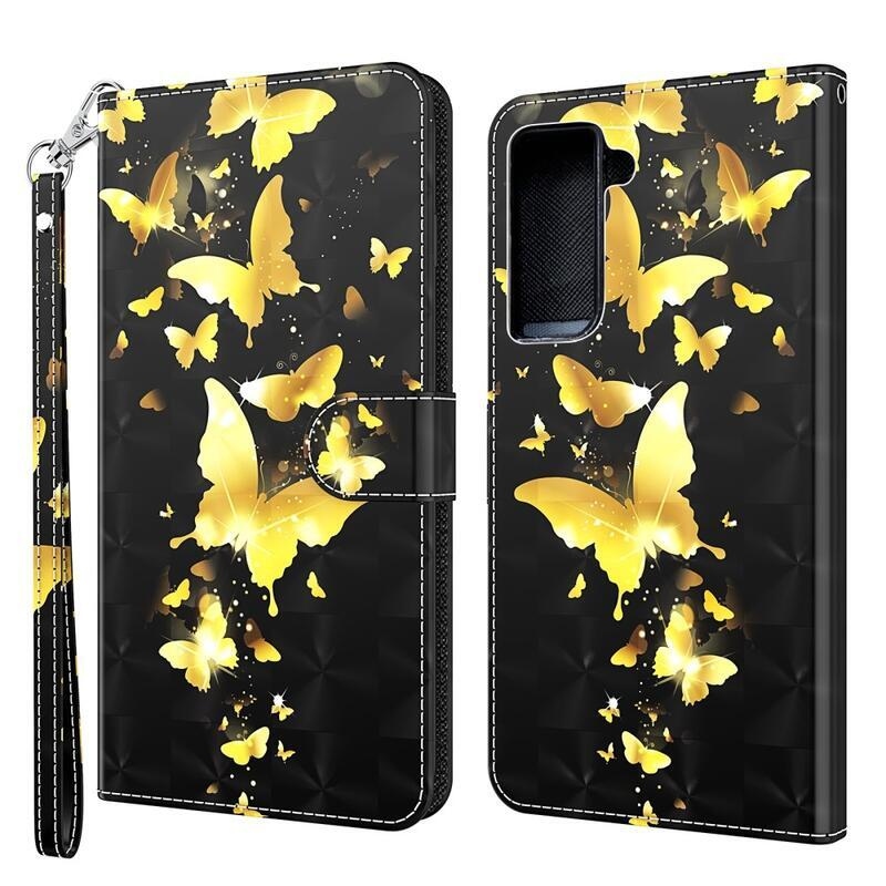 Nyomtatás PU bőr pénztárca tok Samsung Galaxy S21 Plus - arany pillangók