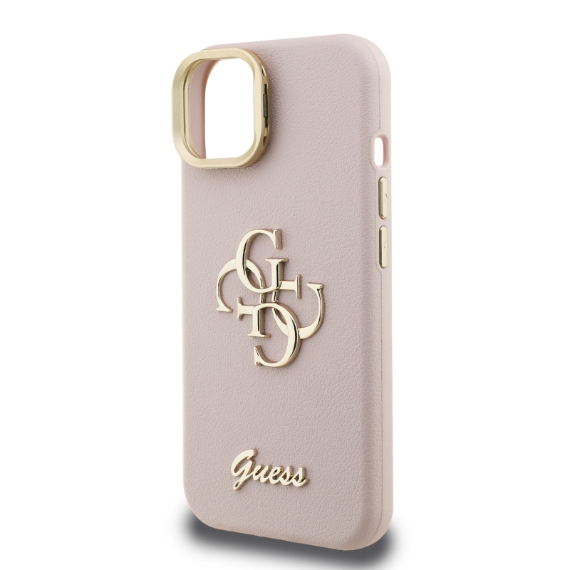 Guess PU szemcsés 4G Logo Stand Kamera keret hátlapi borító iPhone 13 rózsaszínhez