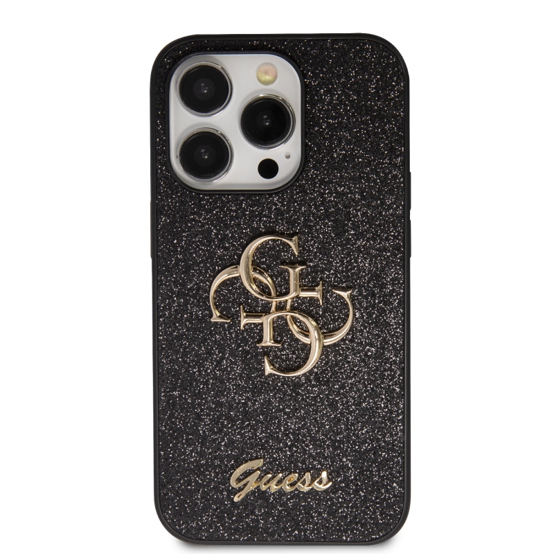 Guess PU Fixed Glitter 4G fém logó hátlap iPhone 15 Pro Max-hoz fekete