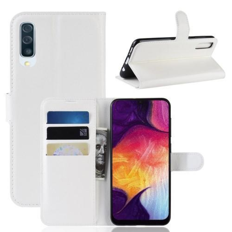 Litchi PU bőr pénztárca tok Samsung Galaxy A50 / A30s készülékhez - fehér