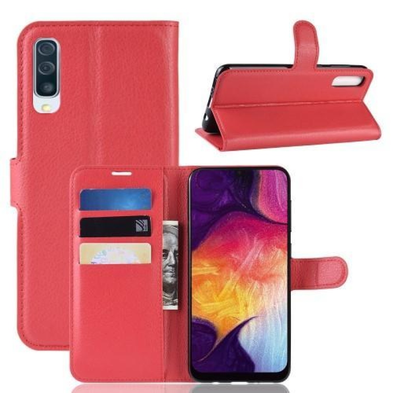 Litchi PU bőr pénztárca tok Samsung Galaxy A50 / A30s készülékhez - piros