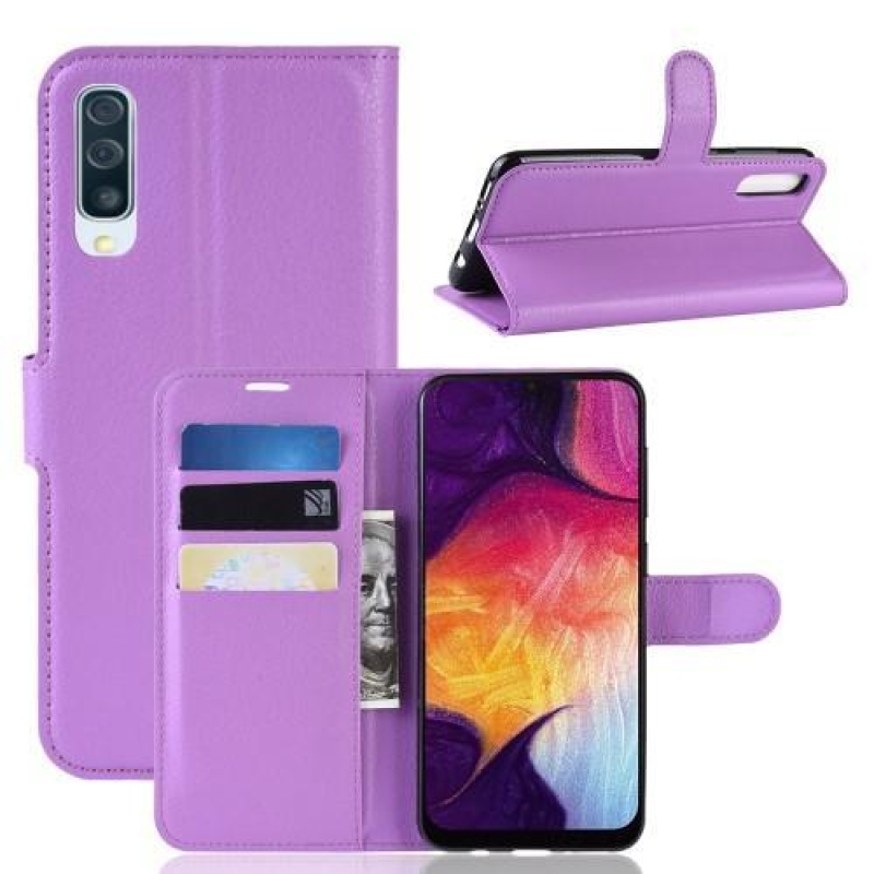 Litchi PU bőr pénztárca tok Samsung Galaxy A50 / A30s készülékhez - lila
