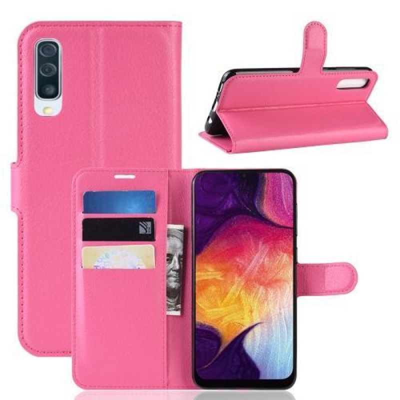Litchi PU bőr pénztárca tok Samsung Galaxy A50 / A30s - rózsaszínű