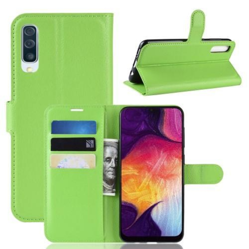 Litchi PU bőr pénztárca tok Samsung Galaxy A50 / A30s készülékhez - zöld