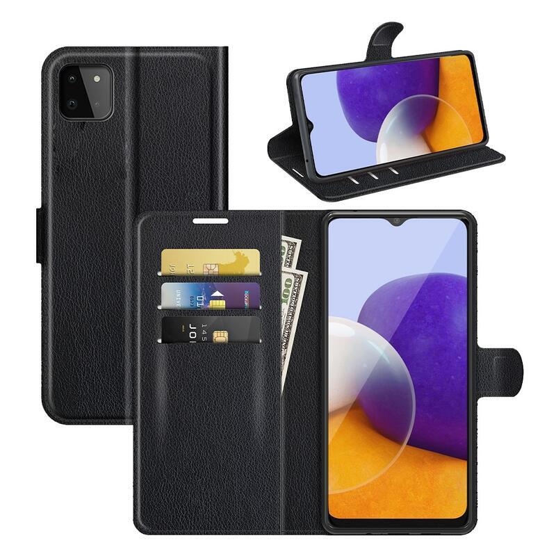 Litchi PU bőr pénztárca tok Samsung Galaxy A22 5G-hez - fekete