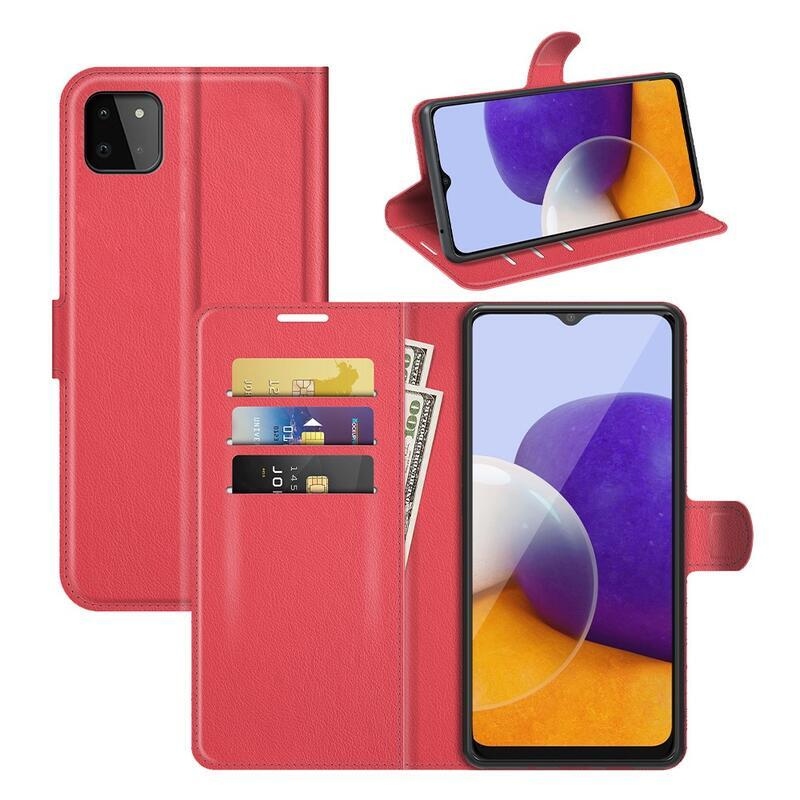Litchi PU bőr pénztárca tok Samsung Galaxy A22 5G-hez - piros