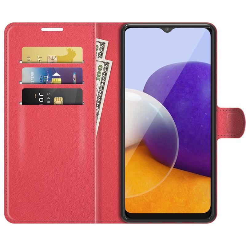 Litchi PU bőr pénztárca tok Samsung Galaxy A22 5G-hez - piros