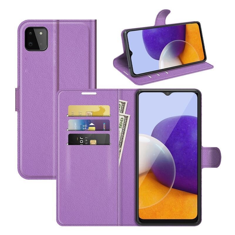 Litchi PU bőr pénztárca tok Samsung Galaxy A22 5G-hez - lila