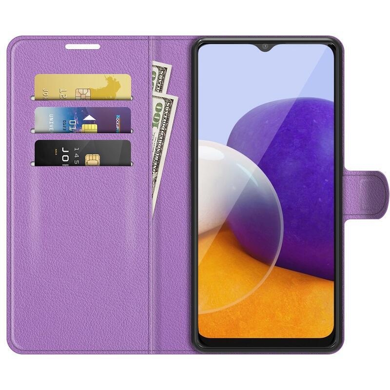 Litchi PU bőr pénztárca tok Samsung Galaxy A22 5G-hez - lila