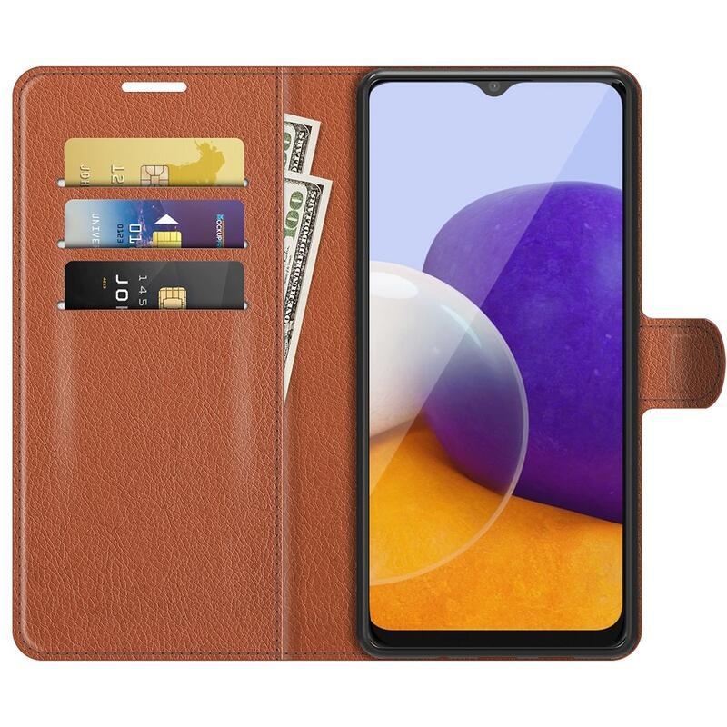 Litchi PU bőr pénztárca tok Samsung Galaxy A22 5G-hez - barna