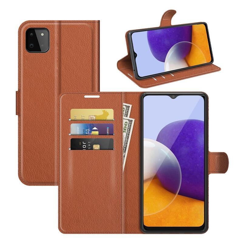 Litchi PU bőr pénztárca tok Samsung Galaxy A22 5G-hez - barna