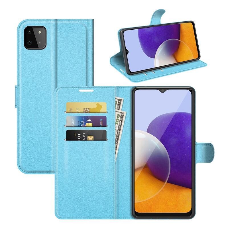 Litchi PU bőr pénztárca tok Samsung Galaxy A22 5G-hez - kék