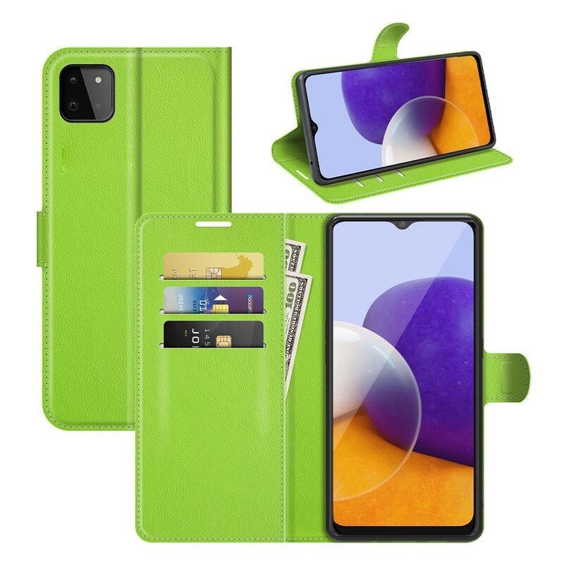 Litchi PU bőr pénztárca tok Samsung Galaxy A22 5G-hez - zöld