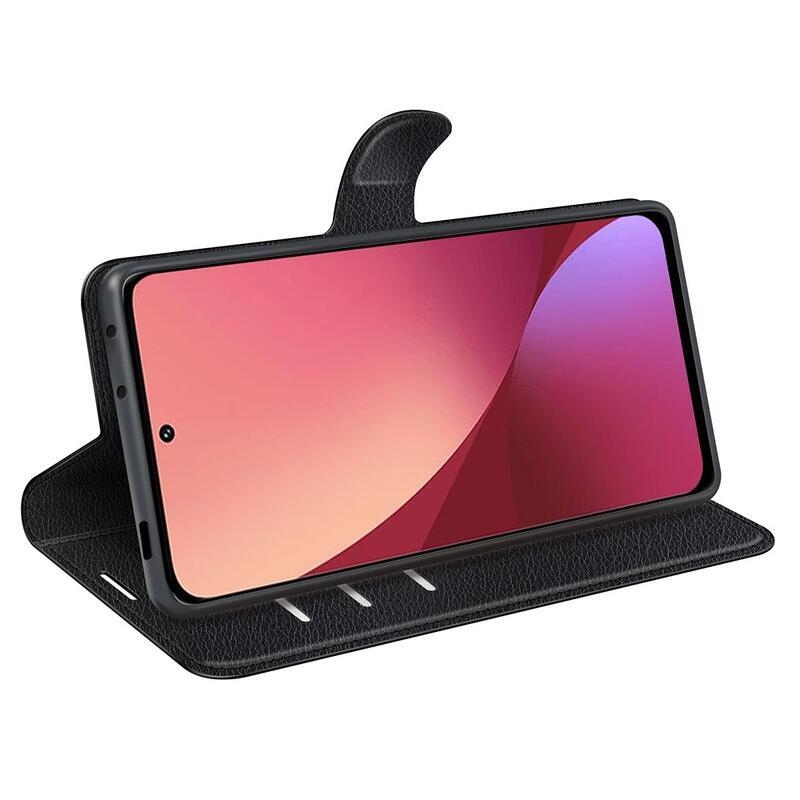 Litchi PU bőr pénztárca tok a Xiaomi 12 Pro-hoz - fekete
