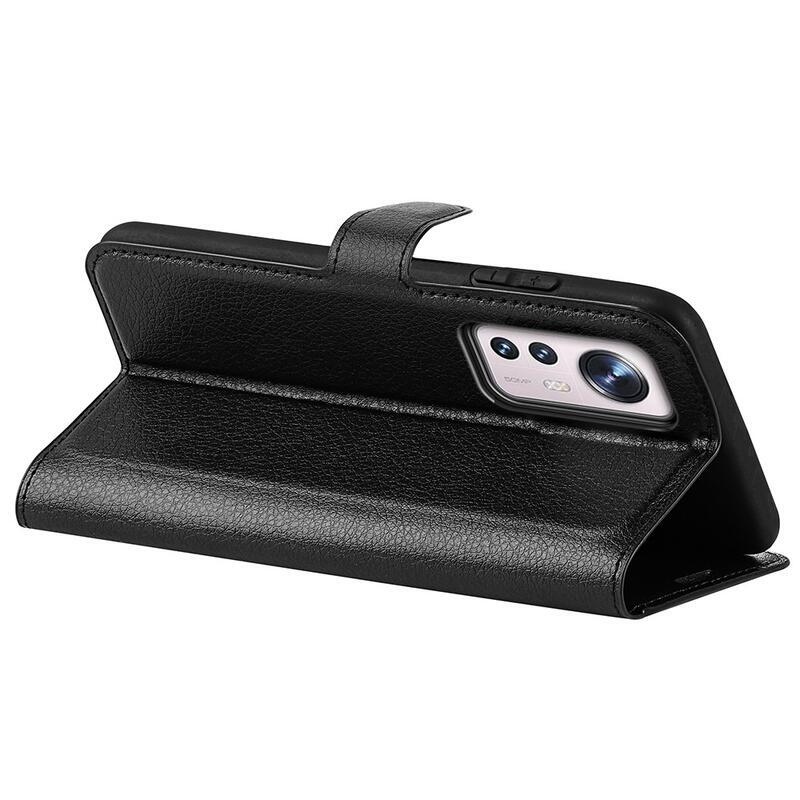 Litchi PU bőr pénztárca tok a Xiaomi 12 Pro-hoz - fekete