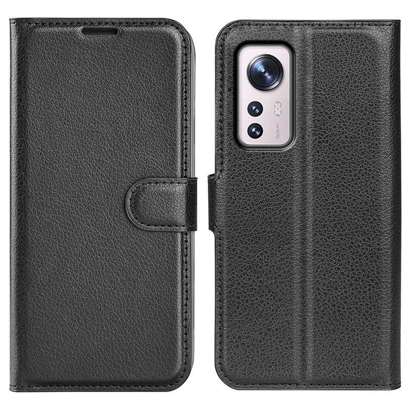 Litchi PU bőr pénztárca tok a Xiaomi 12 Pro-hoz - fekete
