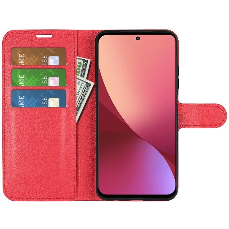 Litchi PU bőr pénztárca tok a Xiaomi 12 Pro-hoz - piros
