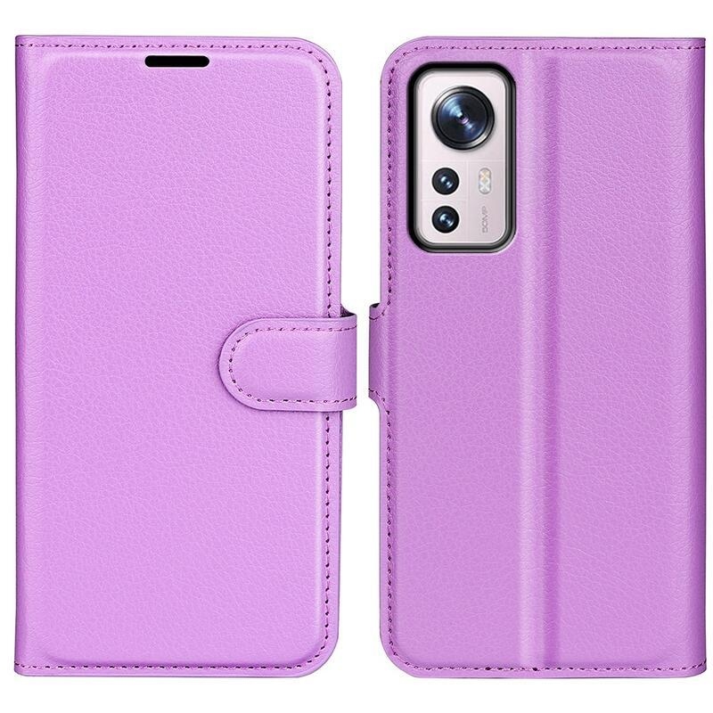 Litchi PU bőr pénztárca tok Xiaomi 12 Pro-hoz - lila