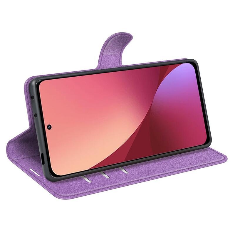 Litchi PU bőr pénztárca tok Xiaomi 12 Pro-hoz - lila