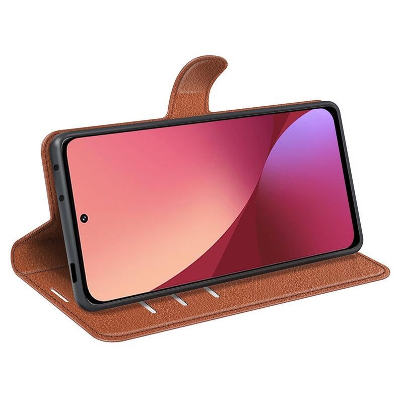 Litchi PU bőr pénztárca tok Xiaomi 12 Pro-hoz - barna