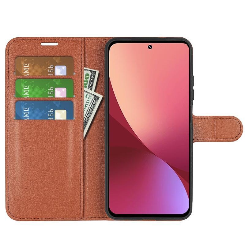 Litchi PU bőr pénztárca tok Xiaomi 12 Pro-hoz - barna