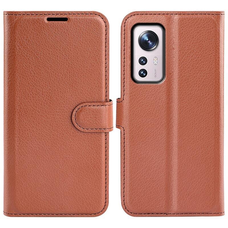 Litchi PU bőr pénztárca tok Xiaomi 12 Pro-hoz - barna