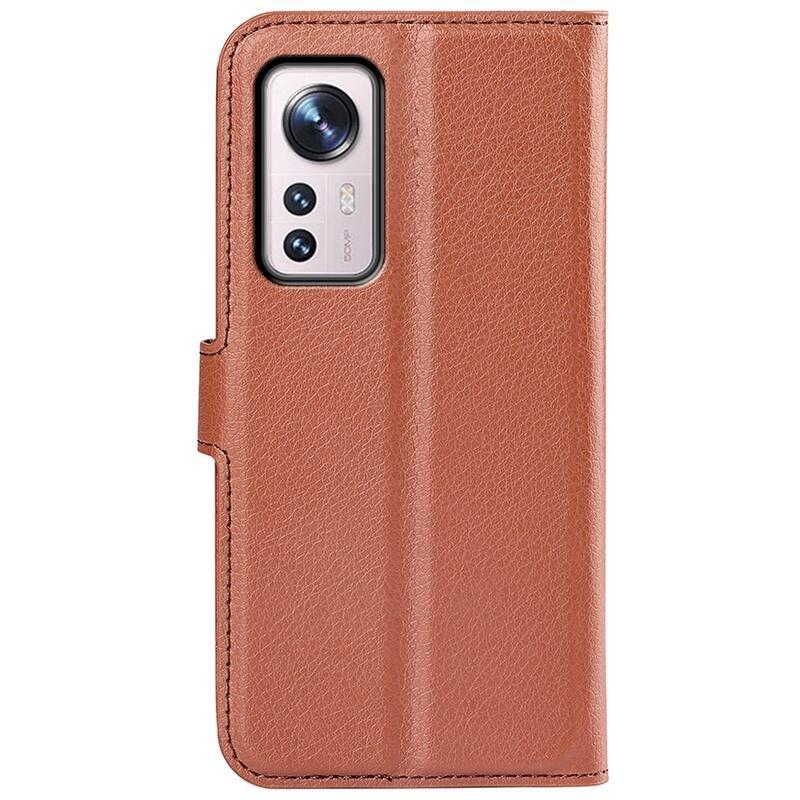 Litchi PU bőr pénztárca tok Xiaomi 12 Pro-hoz - barna