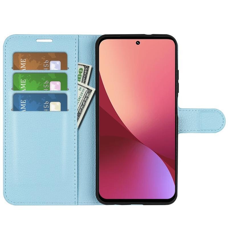 Litchi PU bőr pénztárca tok Xiaomi 12 Pro-hoz - kék
