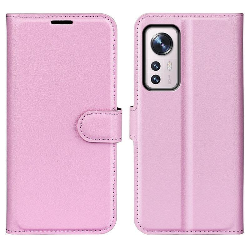 Litchi PU bőr pénztárca tok Xiaomi 12 Pro - rózsaszínű
