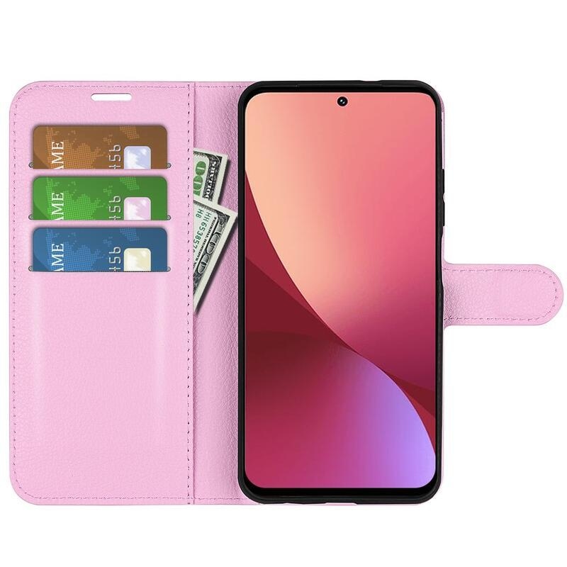 Litchi PU bőr pénztárca tok Xiaomi 12 Pro - rózsaszínű